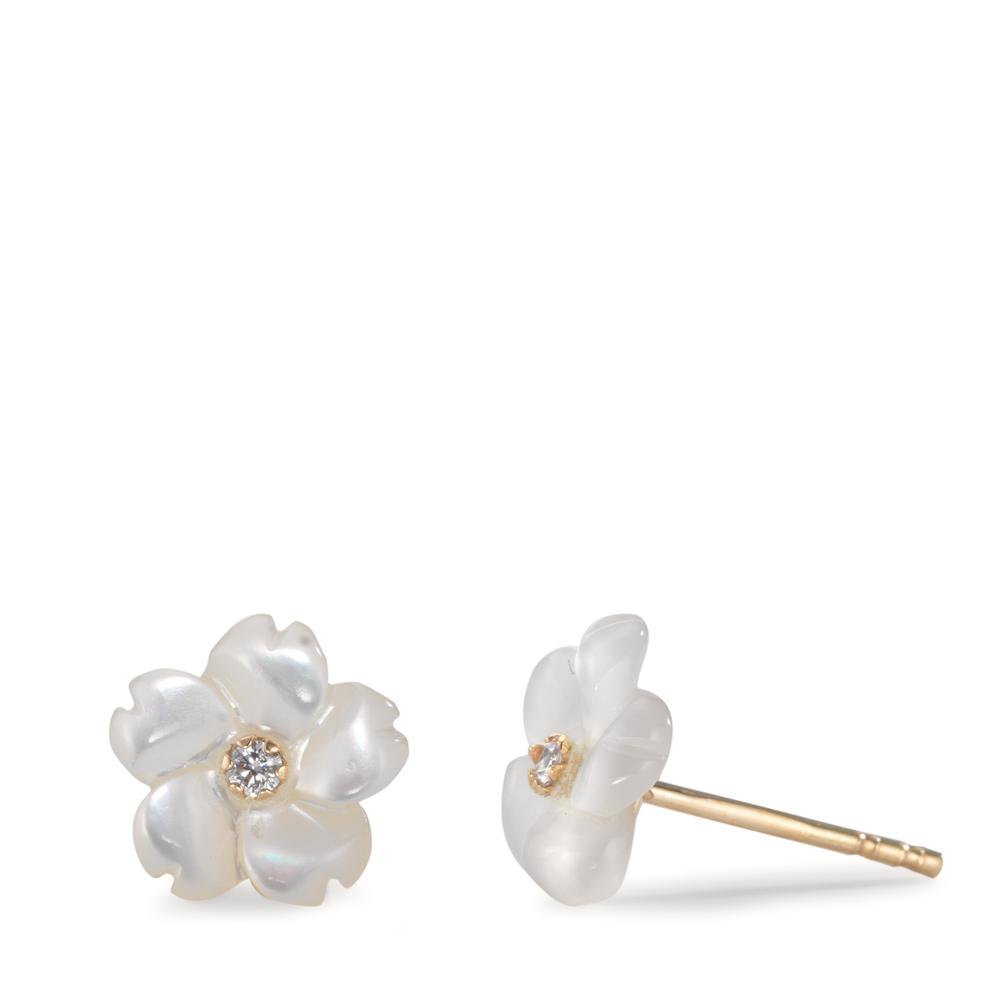 Clous d'oreilles Or jaune 9K Zircone 2 Pierres nacre blanc Fleur Ø8 mm